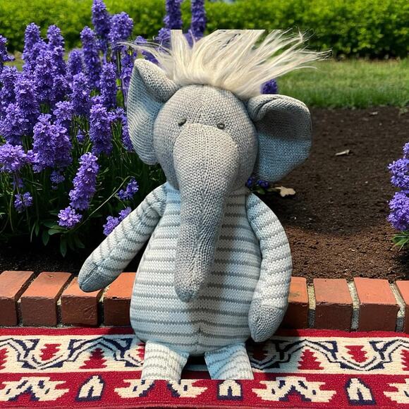 MudPie Plush Knit Elephant Doll Nursery Decor Baby Shower Gift Stripe Safari 15" - Picture 1 of 12